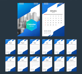 2019 Calendar. Desk Calendar modern design template with place for photo. Week starts Sunday. A5 or A4 paper size.