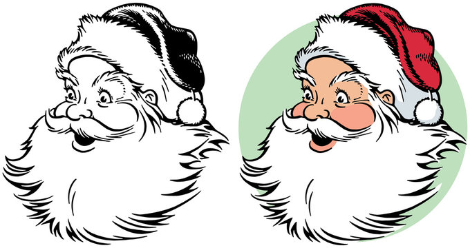 A cartoon portrait of a smiling Santa Claus