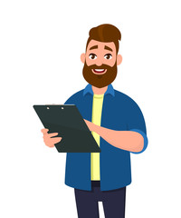 Obraz na płótnie Canvas Man holding a clipboard. Vector illustration in cartoon style.