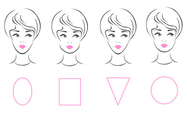 Векторный набор различных женских типов форм лица: овал, прямоугольник, треугольник, круг
