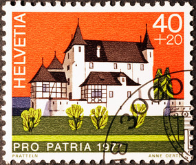 Castle on swiss postage stamp