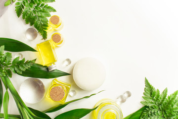 Fototapeta na wymiar heabal nature leaf with spa oil extract in skin cosmetic concept