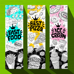Fast food colorful modern banners set labels. Fast food. Best pizza. Ice cream. Hot dog, hamburger, coffee, donuts, nuggets, tacos. Bright cool food sketches composition