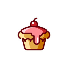 Cake with cherry icon. Classic dessert decorated with berry. Holiday treat label. Sweet festive food. Color series pictograph for postcards, invitations, online stores, menus. Vector isolated