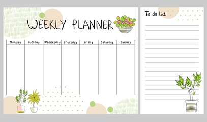 Hand drawing vector weekly planner with plants.
