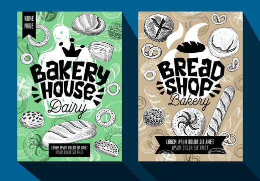 Food poster bakery cards set. Trendy cool sketch style. Modern sketch elements collection packaging, posters, cards design. Hand drawn vector illustration.
