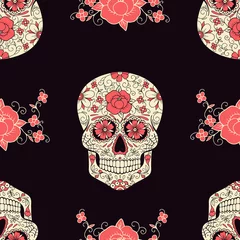 Wallpaper murals Human skull in flowers seamless pattern with sugar skull