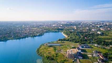 city at sunset from the drone