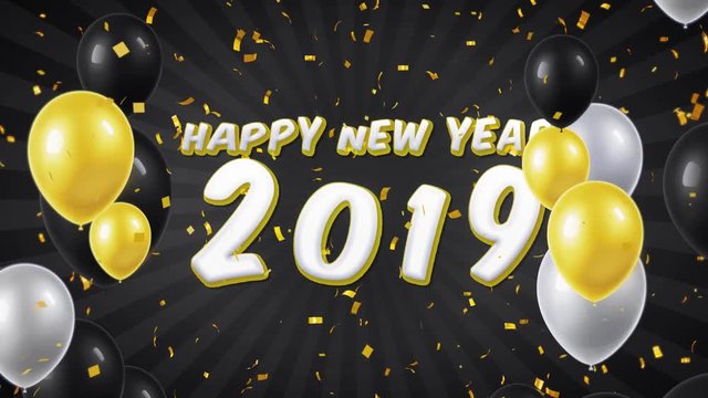 06. Happy New Year 2019 Text Appears on Confetti Popper Explosions Falling and Glitter Particles, Colorful Flying Balloons Seamless Loop Animation.