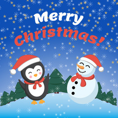 Snowman and penguin. Holiday card. Merry Christmas! 