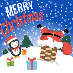 Christmas Santa is stuck in the chimney penguin is coming to the rescue. Lost my presents.  Holiday card. Winter landscape.  Vector illustration of EPS 10. Merry Christmas!