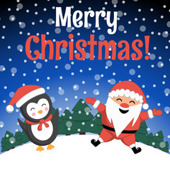Christmas Santa Claus and penguin. Merry Christmas winter season greeting card . Vector illustration of EPS 10. Merry Christmas!