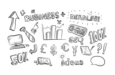 Hand drawn business theme symbols and icons doodle set