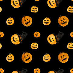 Seamless pattern, Halloween pumpkins, Jack O' Lanterns on black background, hand painted watercolor. Halloween concept.