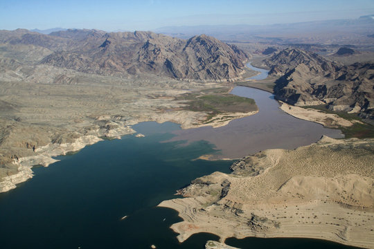 Aerial view of rocky formations and Lake Mead/Colorado River, Nevada/Arizona