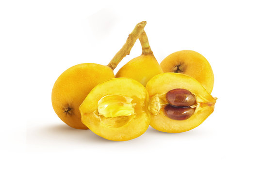 Bunch of japanese loquat or meldar also called Bibasse isolated on white background 