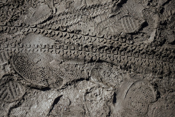 a lot of steps and bicycle trail in a mud in diagonal orientation