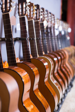 long line of new acoustic guitars in store
