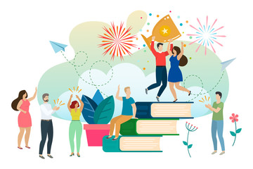 Successful man and woman celebrating success. Win a prize and accept congratulations, thanks to good education and knowledge. Vector