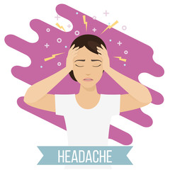 Woman suffers from headache and migraine. Female feels pain in her head. Vector