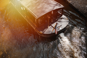 Top view of boat gondola ship for tourism on river.   through canal waters of Venice Italy. service...