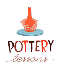 Pottery Lessons. Traditional pottery making, hands shaping vase on wheel