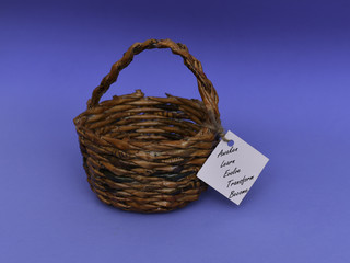 wooden basket on the blue background with different notes hung on it