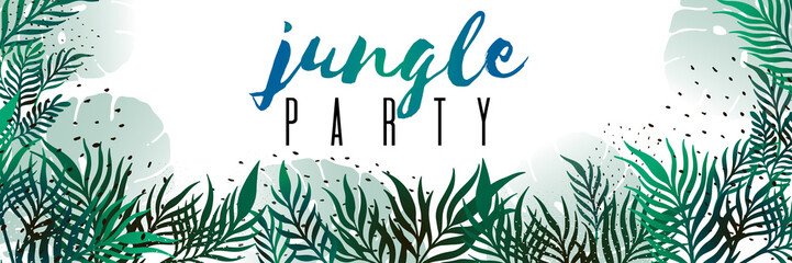 Vector horizontal tropical leaves banners on white background. Exotic botanical design for poster party,cosmetics, spa, perfume, health care products, aroma, wedding invitation,web banner.