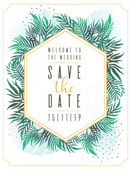 Wedding Invitation, floral invite thank you, rsvp modern card Design: green tropical palm leaf greenery eucalyptus branches decorative wreath frame. Vector elegant rustic template