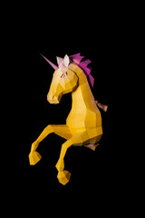 Hands hold unicorn. Artwork. 3d model unicorn papercraft. Copy space