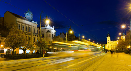 Fototapeta na wymiar Nightlife of Debrecen streets