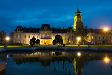 Fototapeta na wymiar Photo of night illuminations of Festetics Palace in hungarian Keszthely