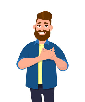 Young man keeping hands on chest. Smiling friendly bearded man expressing  gratitude. Emotion and body language concept in cartoon style vector  illustration. Stock Vector | Adobe Stock