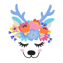 The face of a cute deep, a wreath of flowers on his head. Eyes closed and smiling. Vector illustration on a white background.