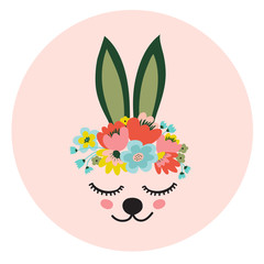 The face of a cute rabbit, a wreath of flowers on his head. Eyes closed and smiling. Vector illustration on a pink background.