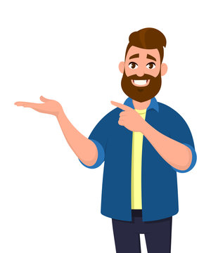Young Man pointing away hands together and showing or presenting something while standing and smiling. Man pointing copy space. Emotion and body language concept in cartoon style vector illustration.