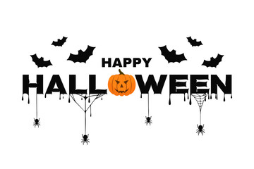 Happy Halloween background text with pumpkin, bats, spider web and blood. Halloween background for poster, banner