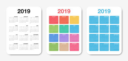 Pocket calendar 2019 template. Colorful compact calendar design for planner or scheduler - obrazy, fototapety, plakaty