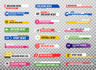Lower third template. Set of TV banners and bars for news and sport channels, streaming and broadcasting. Collection of lower third for video editing