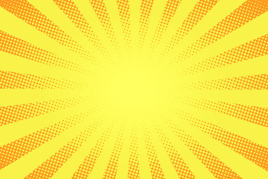 Comic book style background. Halftone texture, vintage dotted background in pop art style. Retro sun rays, sunbeams