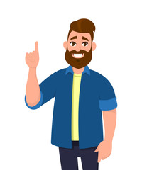 Young Man pointing up finger while standing and smiling. Man pointing copy space. Emotion and body language concept in cartoon style vector illustration.