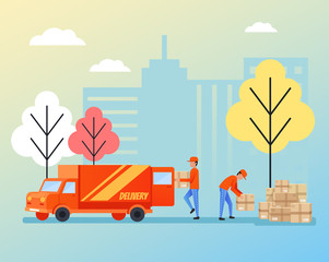 Warehouse workers stevedores characters loading and unloading boxes parcel from warehouse. Delivery logistic concept. Vector flat cartoon isolated illustration