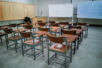 University classroom with many wooden chairs