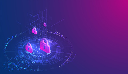 Isometric digital padlock. Abstract technology background. Vector illustration