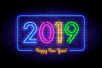 Happy New Year 2019 illustration in colorful trend neon style.