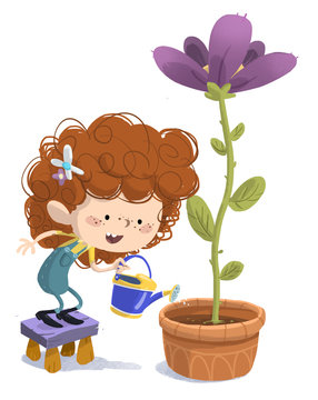 ni&ntilde;a regando una flor gigante
