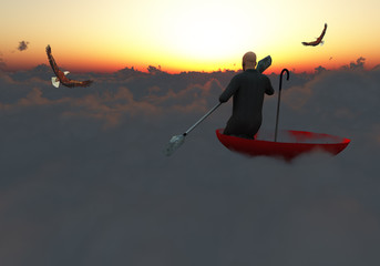 Escape from reality. Man in red ubrella floats in the clouds