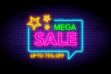 Mega sale illustration in neon style. Neon stars and letters on the wall.