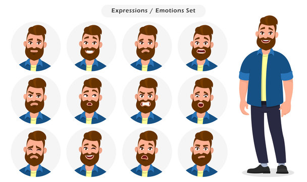 Set of male facial different expressions. Man emoji character with different emotions. Emotions and body language concept illustration in vector cartoon style.