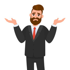 Oops. Sorry. I don't know. Young business man shrugs, shows helpless gesture and spread his hands, he does not know what to do.